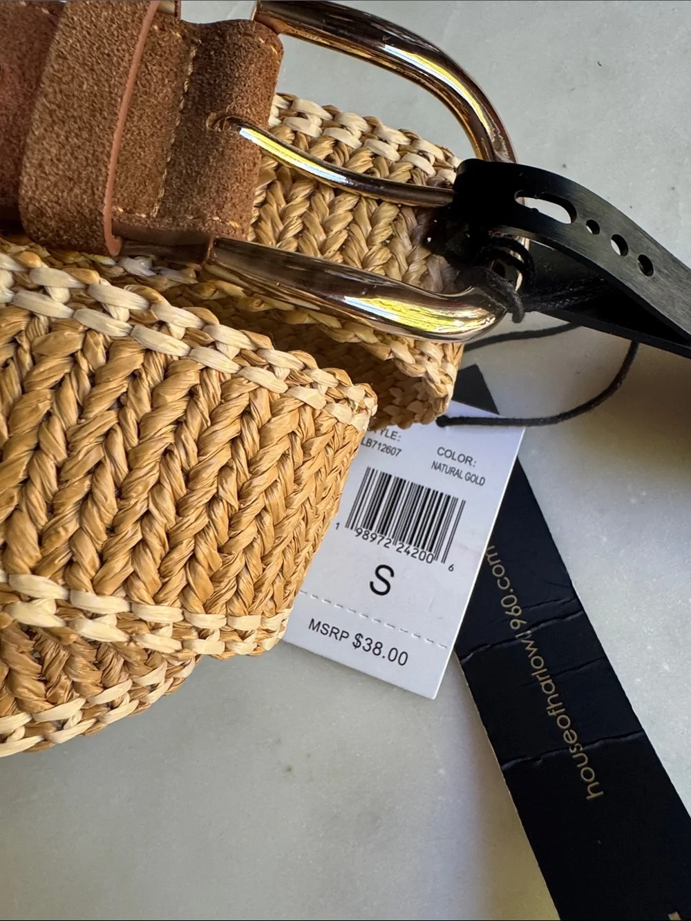 House of Harlow 1960 Brown Woven Suede-Trim Belt with Gold Buckle